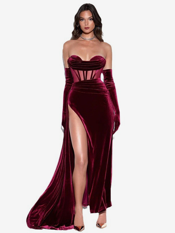 Velvet Dress Burgundy Sheer Pleated Party Sleeveless Strapless Fall Long Maxi Dresses