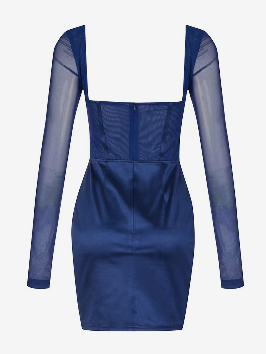 Blue Bodycon Dresses Backless Illusion Sleeves Sexy Mini Dresses