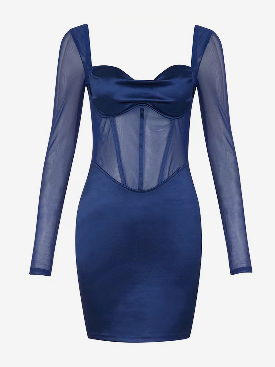 Blue Bodycon Dresses Backless Illusion Sleeves Sexy Mini Dresses
