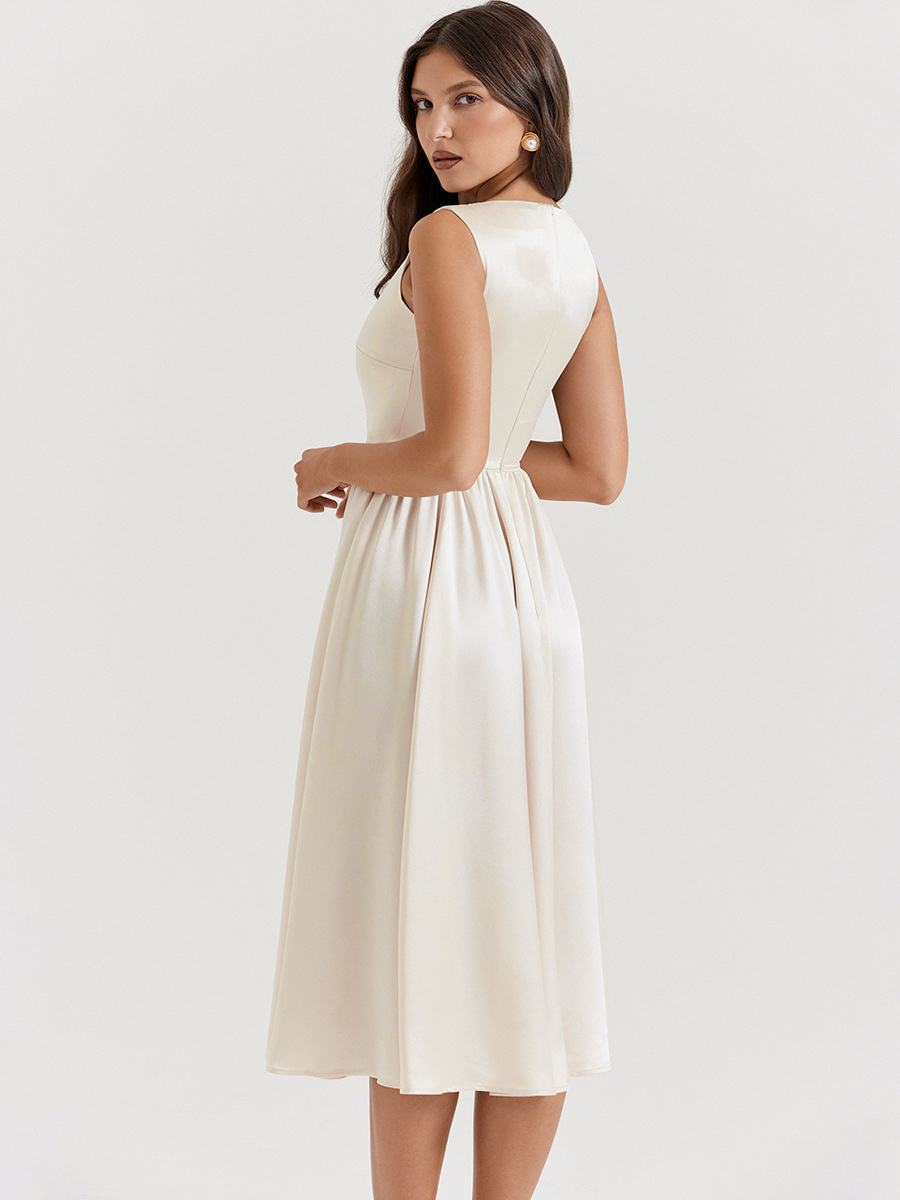 Elegant Sleeveless Dress Boatneck Pleated A-Line Prom Party Midi Dresses