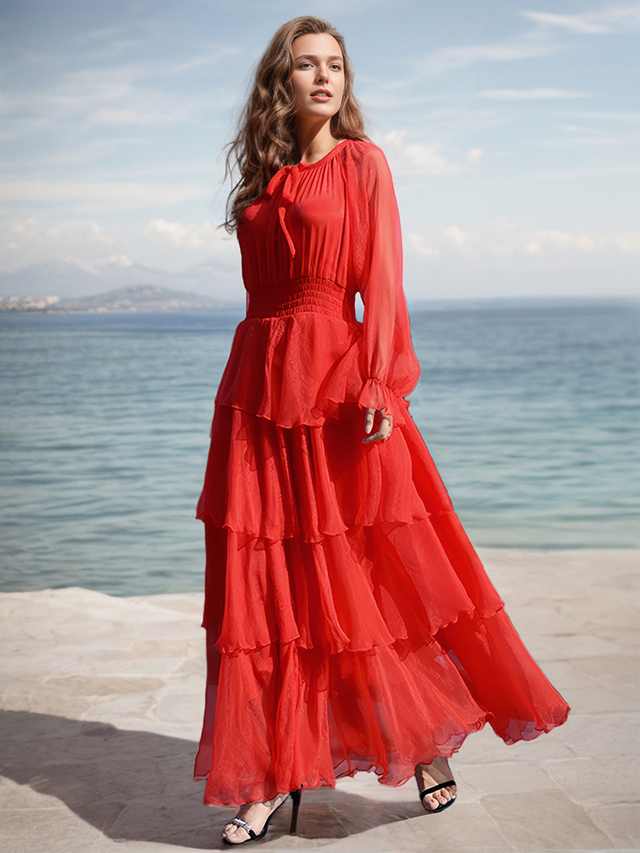 Maxi Dresses Jewel Neck Long Sleeves Polyester Long Dress For Women