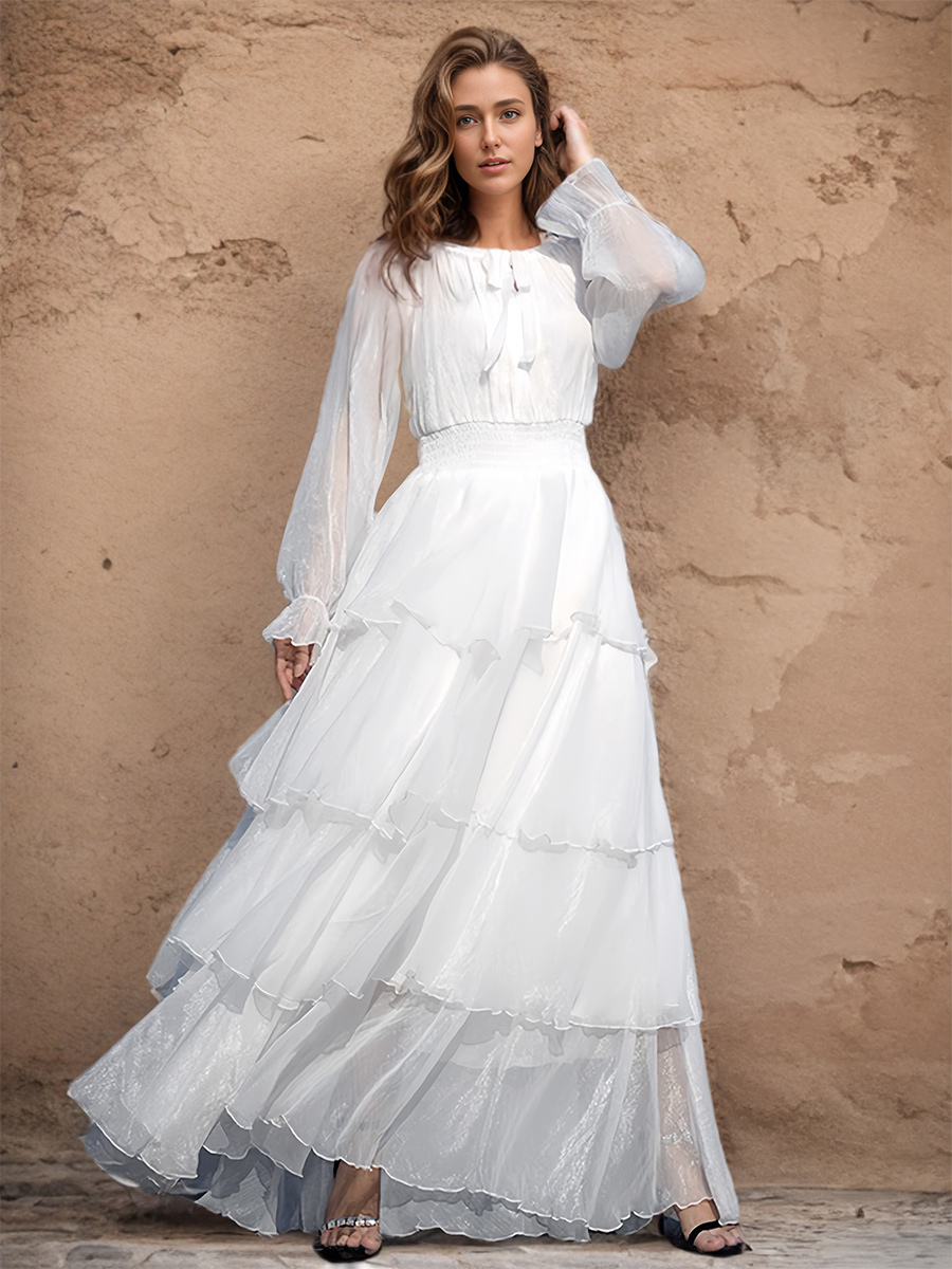 Maxi Dresses Jewel Neck Long Sleeves Polyester Long Dress For Women