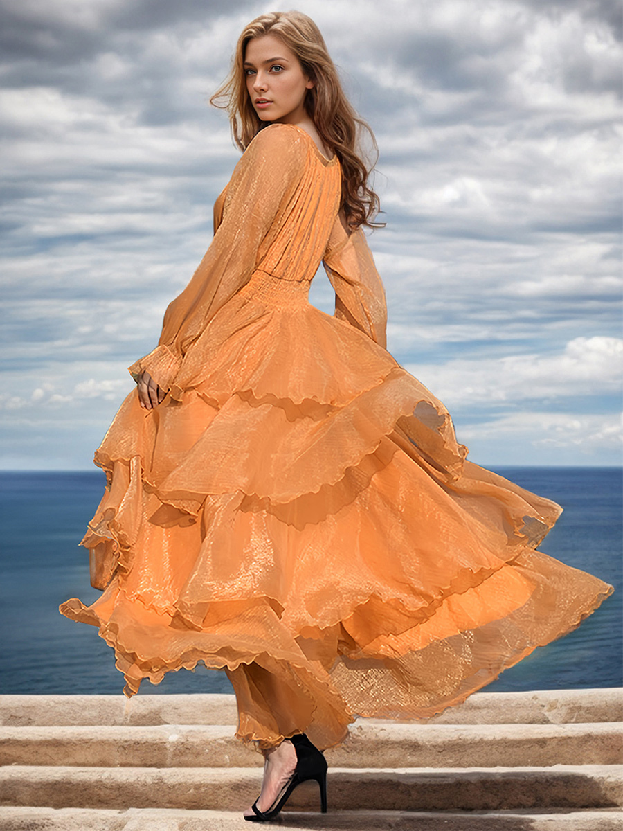 Maxi Dresses Jewel Neck Long Sleeves Polyester Long Dress For Women