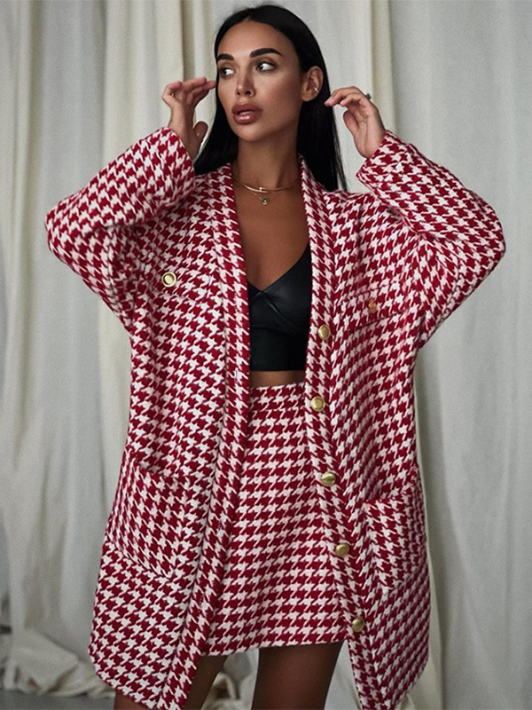 Chic Outfit Houndstooth Metal Detail Top And Mini Skirt Set