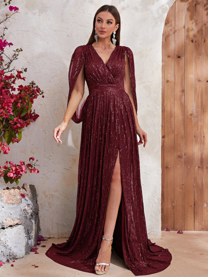 Party Dresses Champagne V-Neck Pleated Long Sleeves High-slit Semi Formal Dress