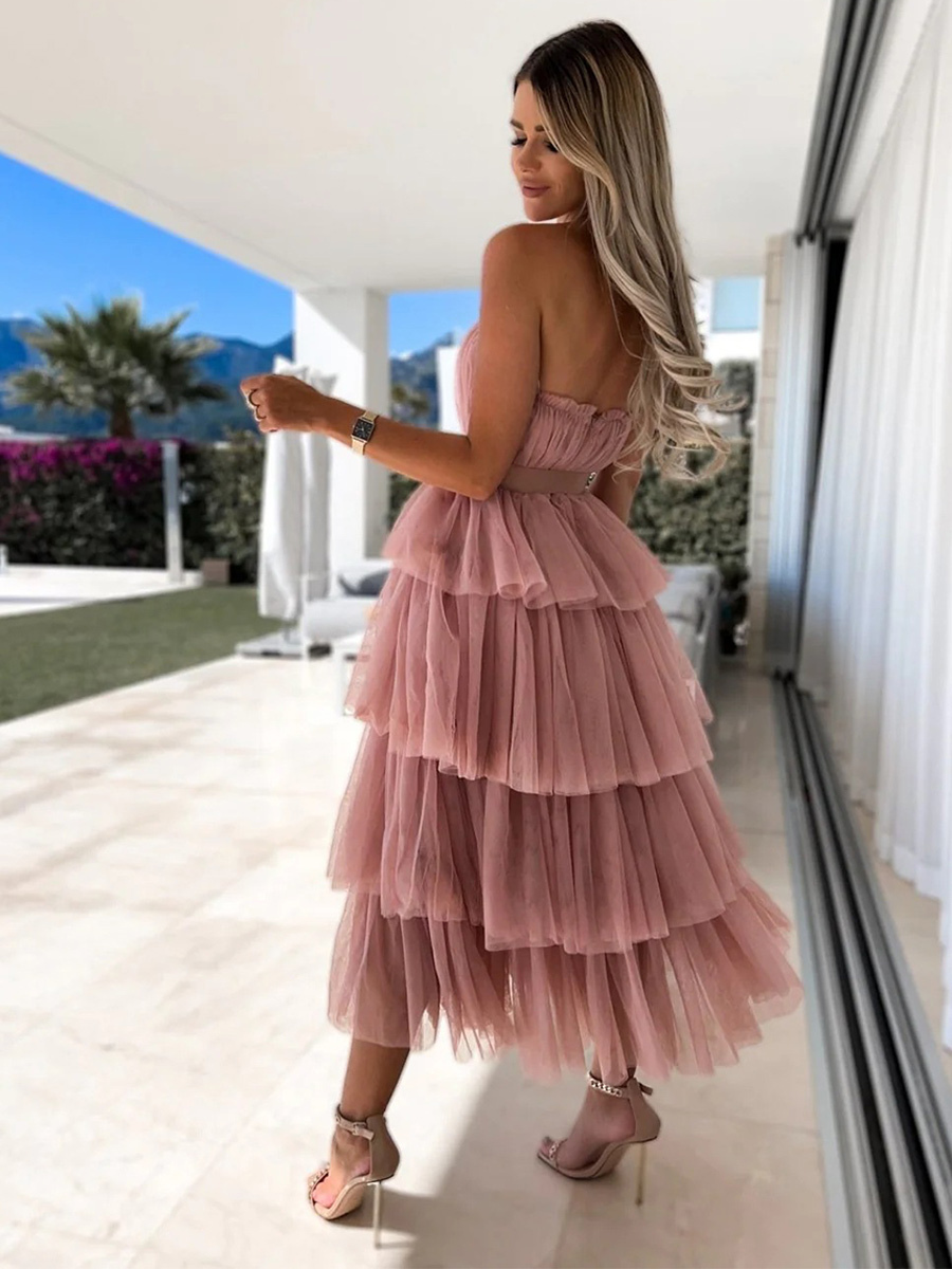 Tulle Ruffles Dress Off The Shoulder Layered Belted Party Maxi Dresses