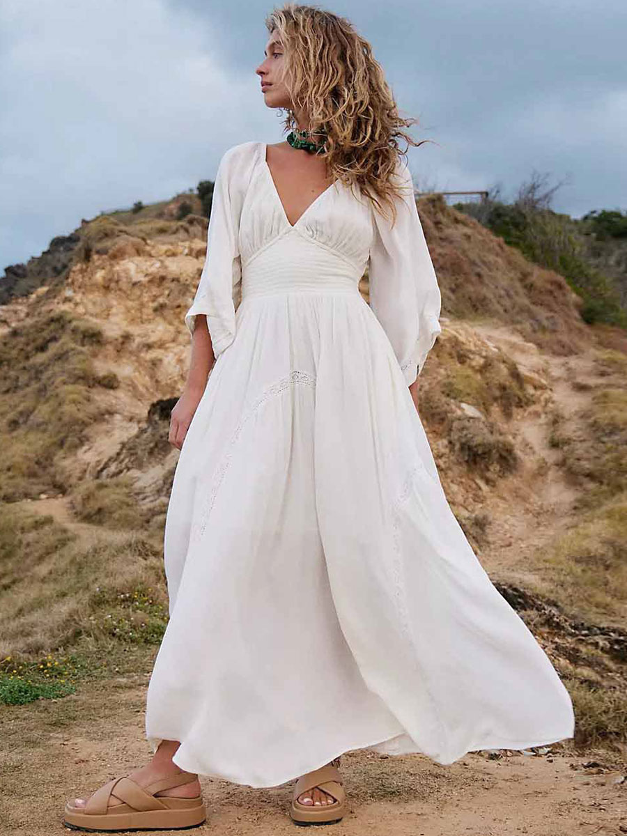 Boho Dress Pleated V-Neck 3/4 Length Sleeves Irregular Beach Dress