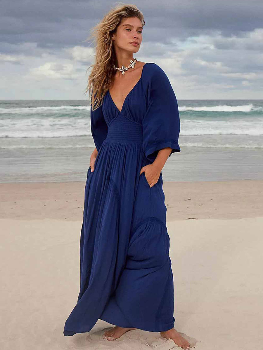 Boho Dress Pleated V-Neck 3/4 Length Sleeves Irregular Beach Dress