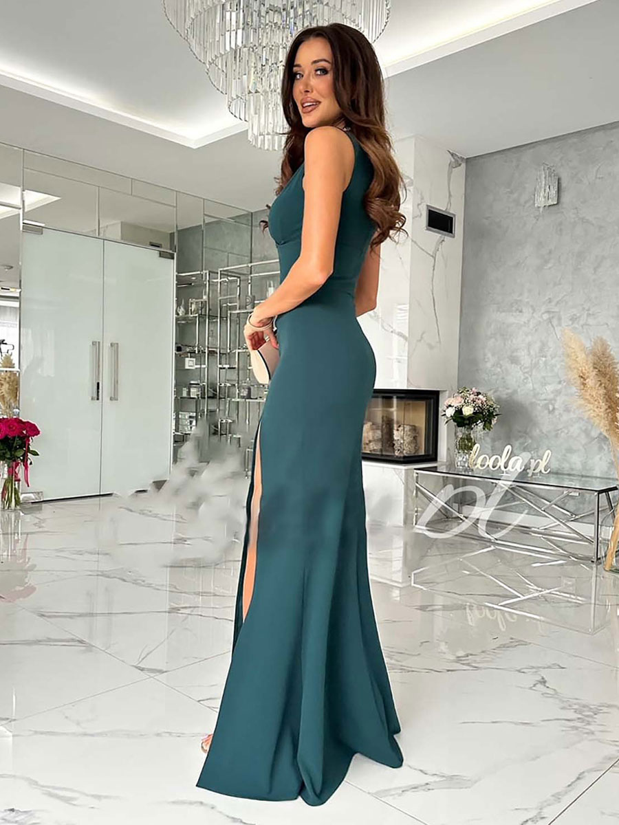 Party Dresses Nude V-Neck Pleated Sleeveless High-slit Semi Formal Dress