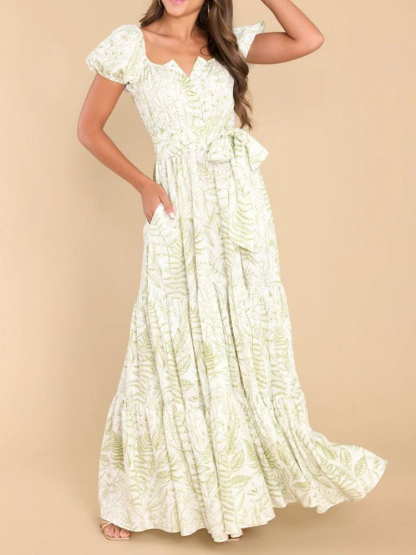 Summer Dress Sweetheart Neck Printed Lace Up Green Long Beach Dress