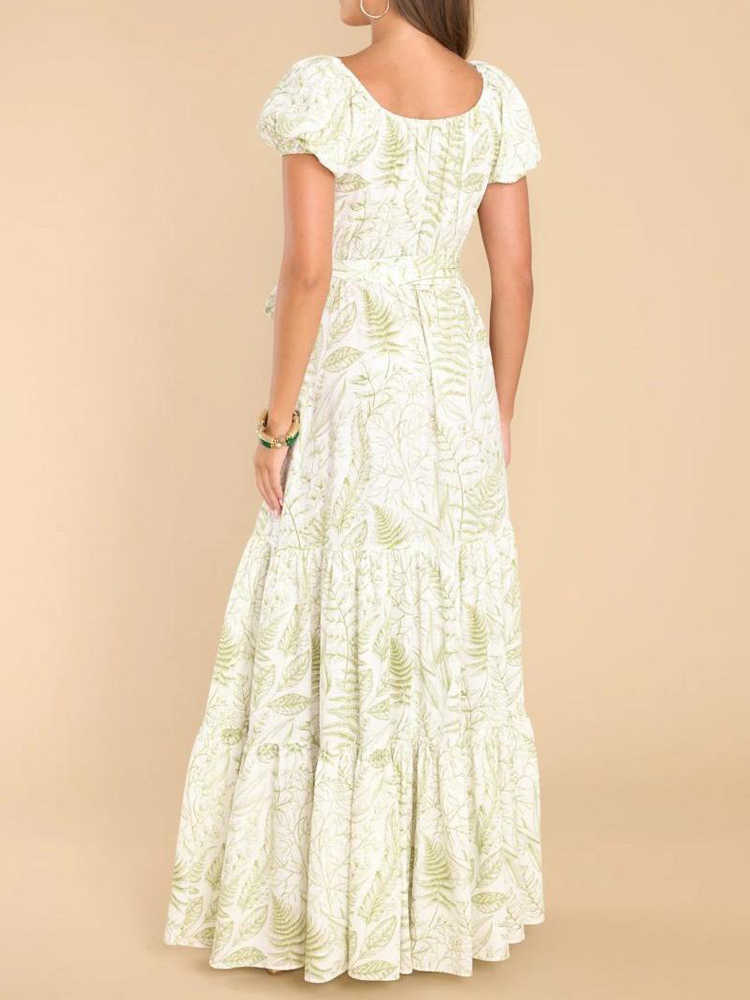 Summer Dress Sweetheart Neck Printed Lace Up Green Long Beach Dress