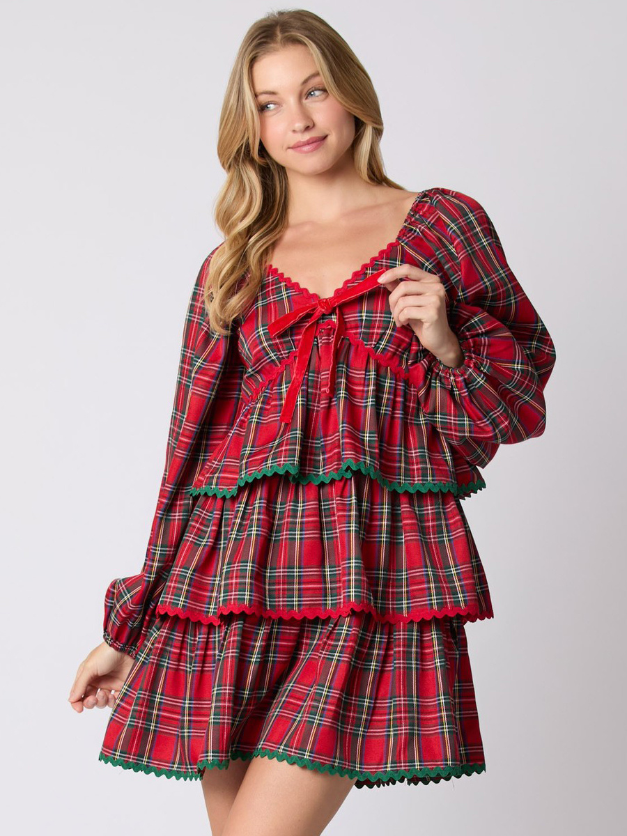 Mini Dresses Red Plaid Long Sleeves Lace Up Polyester Short Dress For Women