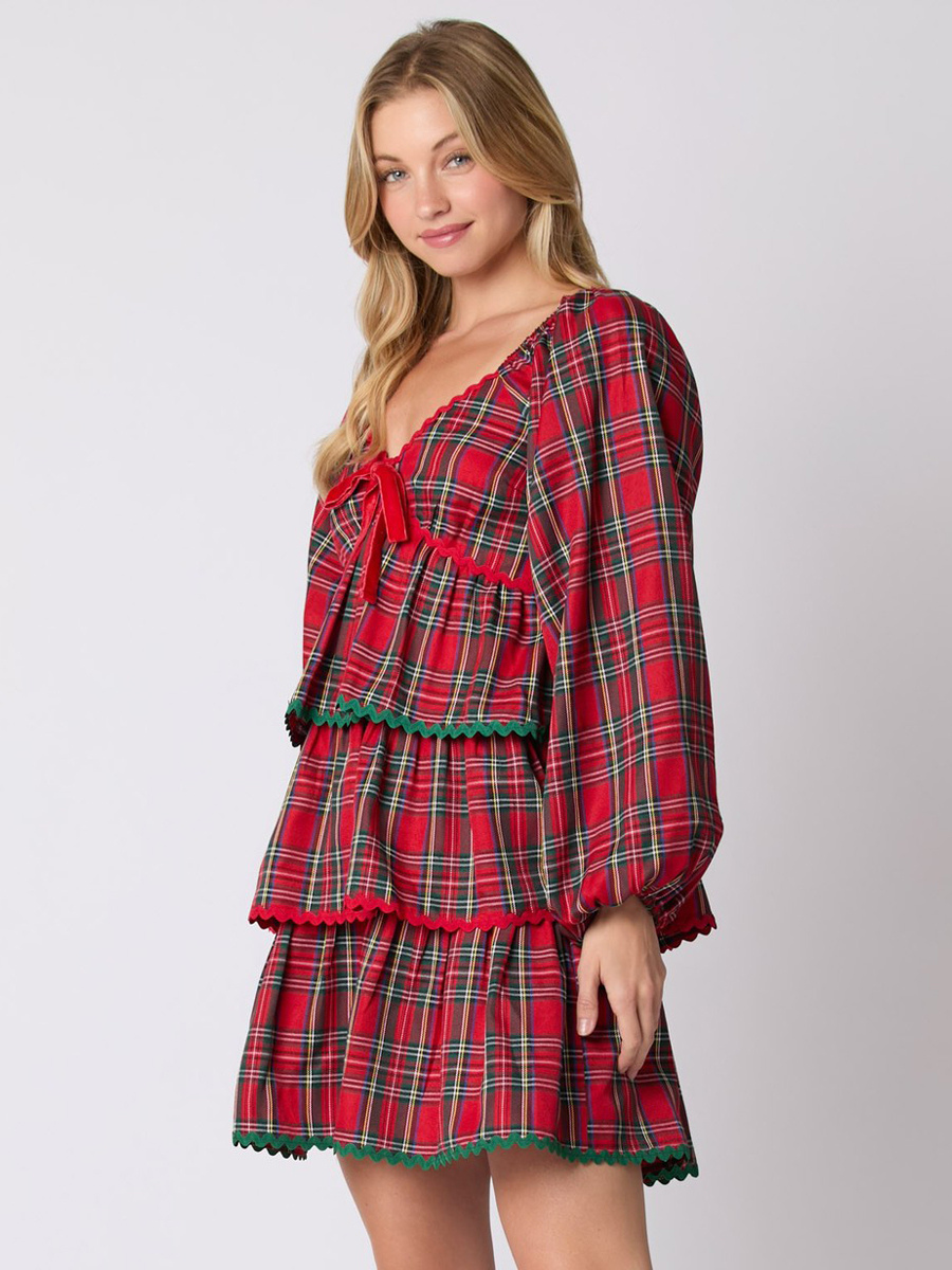 Mini Dresses Red Plaid Long Sleeves Lace Up Polyester Short Dress For Women
