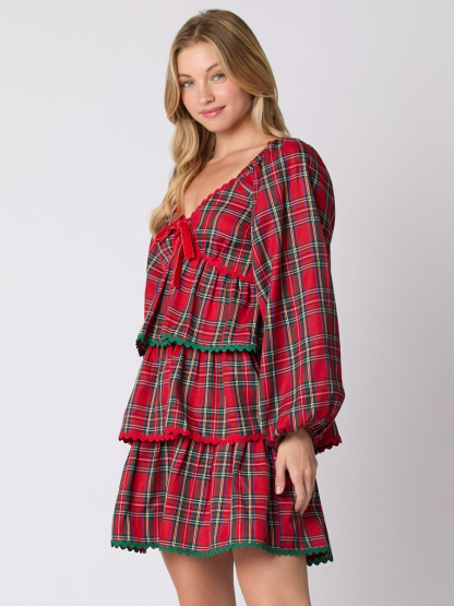 Mini Dresses Red Plaid Long Sleeves Lace Up Polyester Short Dress For Women
