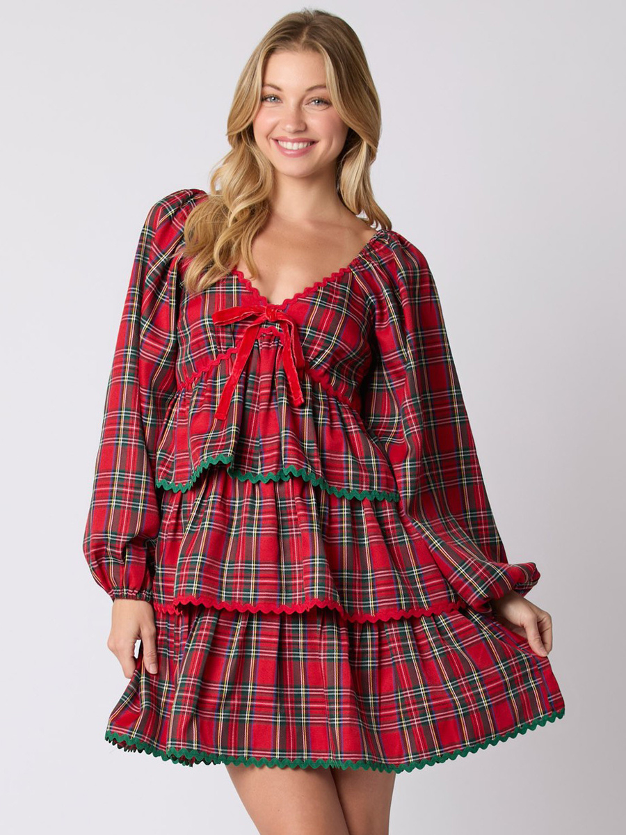 Mini Dresses Red Plaid Long Sleeves Lace Up Polyester Short Dress For Women