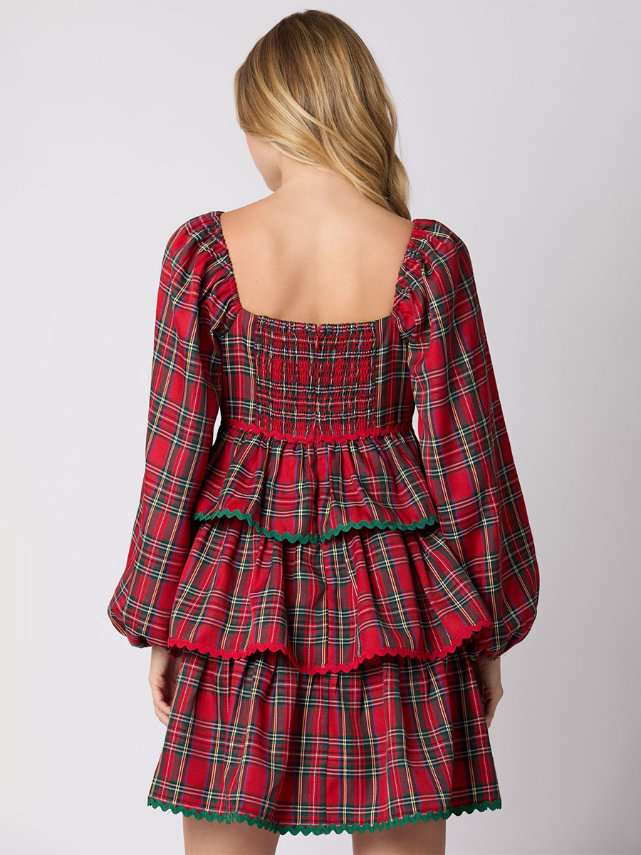 Mini Dresses Red Plaid Long Sleeves Lace Up Polyester Short Dress For Women