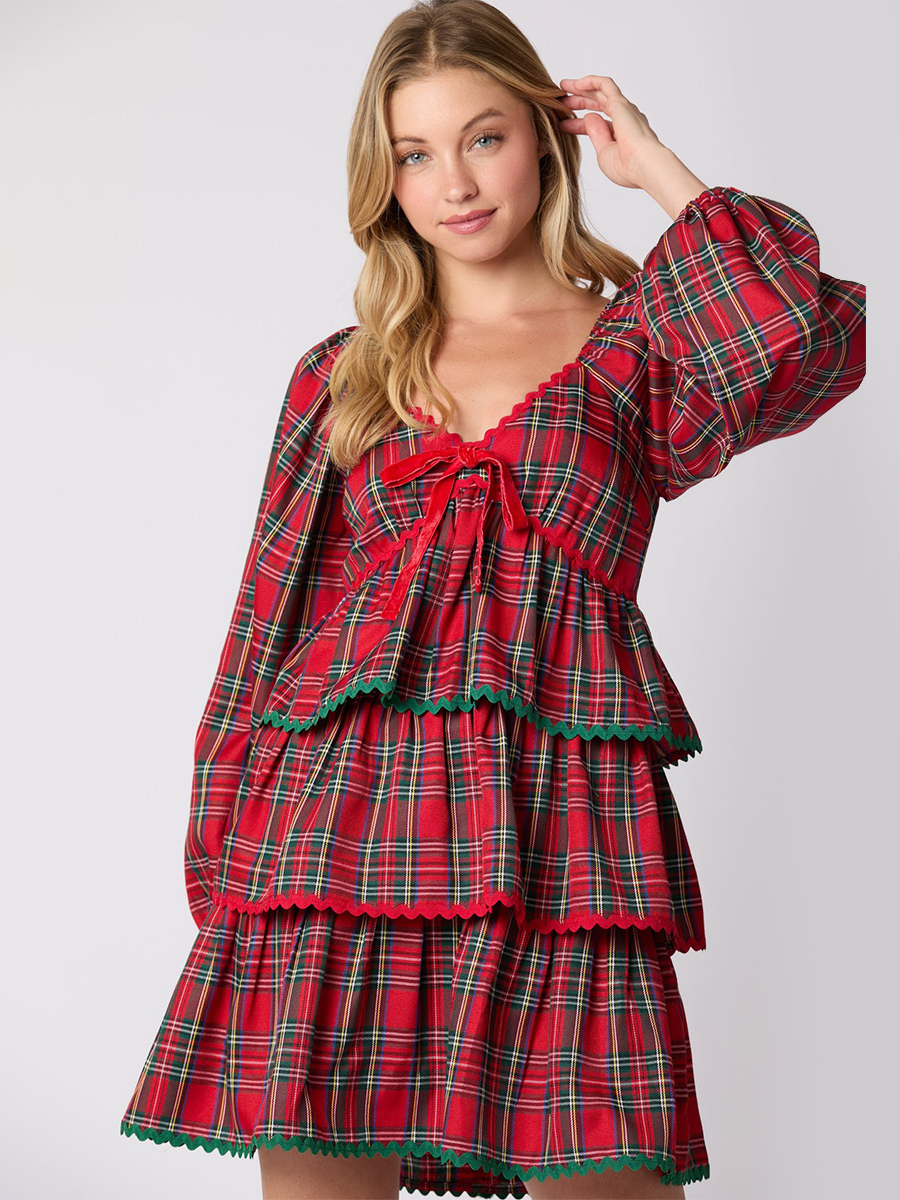 Mini Dresses Red Plaid Long Sleeves Lace Up Polyester Short Dress For 