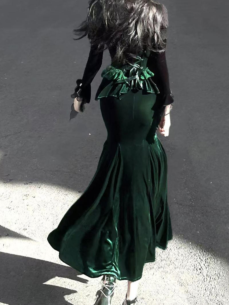 Gothic Lolita Dresses Lace Ruffles Velour Romance Elegant Dark Green Romance Fishtail Dress
