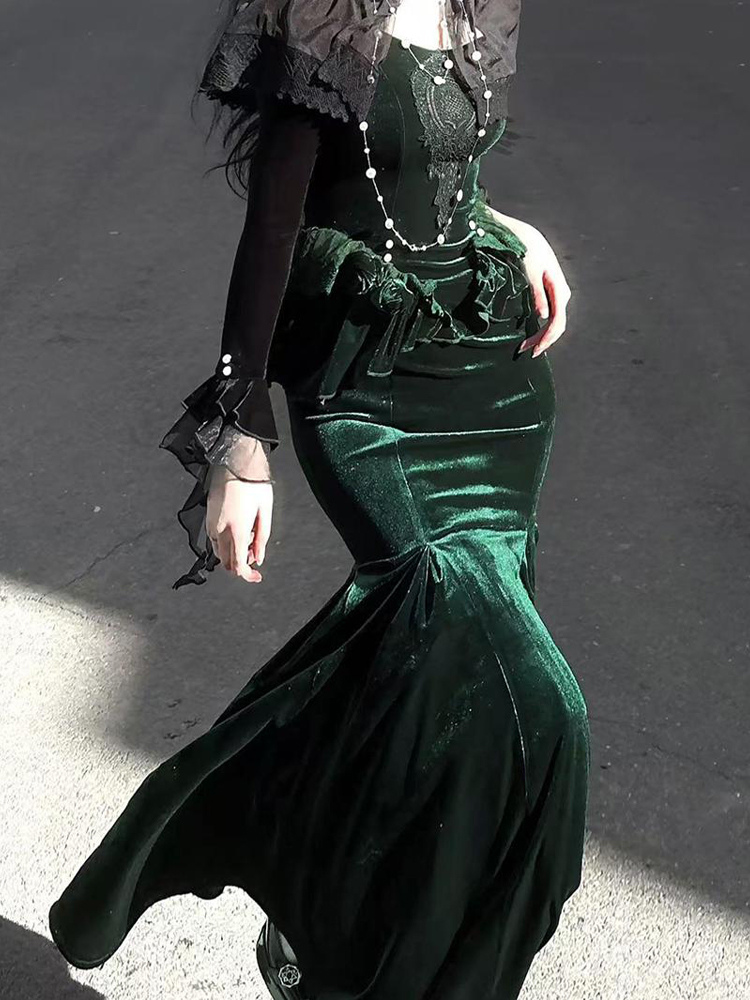Gothic Lolita Dresses Lace Ruffles Velour Romance Elegant Dark Green Romance Fishtail Dress