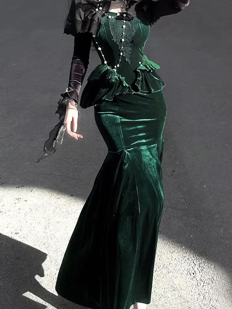 Gothic Lolita Dresses Lace Ruffles Velour Romance Elegant Dark Green Romance Fishtail Dress