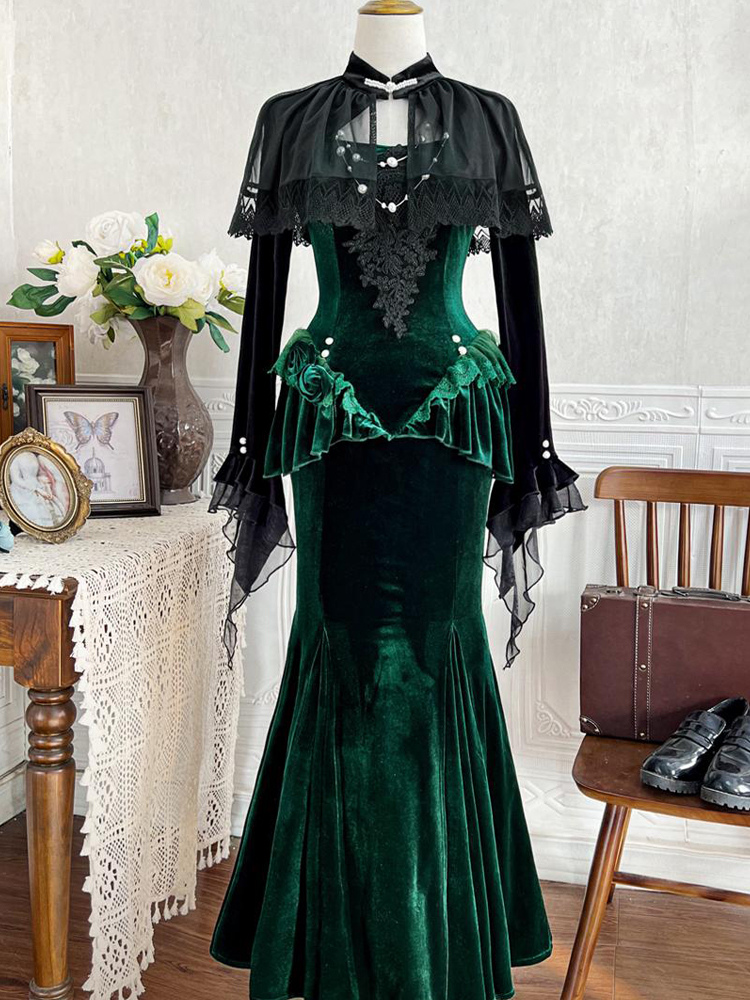 Gothic Lolita Dresses Lace Ruffles Velour Romance Elegant Dark Green Romance Fishtail Dress