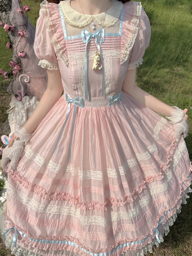 Sweet Lolita Dress Bow Lace Up Lantern Sleeve Lace Trim Princess Puffy