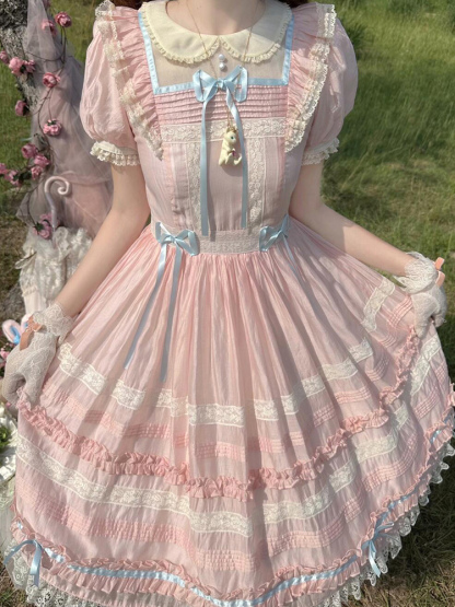 Sweet Lolita Dress Bow Lace Up Lantern Sleeve Lace Trim Princess Puffy Dress