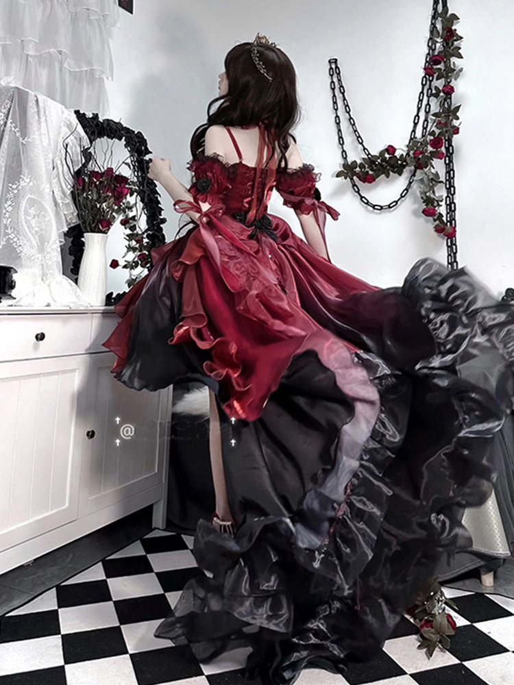 Halloween Back to school Gothic Lolita Dress Ribbon Lace Slip Dress Silk High Low Dress