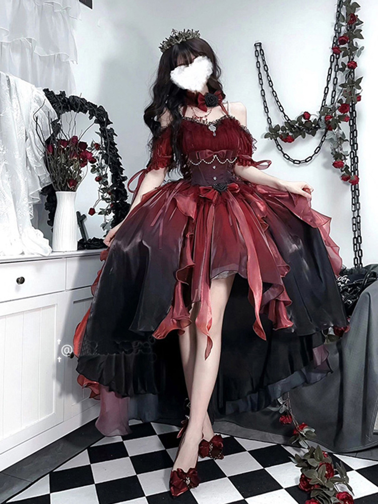 Halloween Back to school Gothic Lolita Dress Ribbon Lace Slip Dress Silk High Low Dress