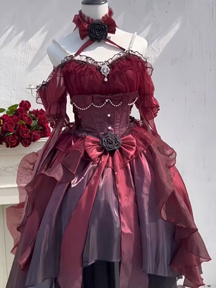 Halloween Back to school Gothic Lolita Dress Ribbon Lace Slip Dress Silk High Low Dress