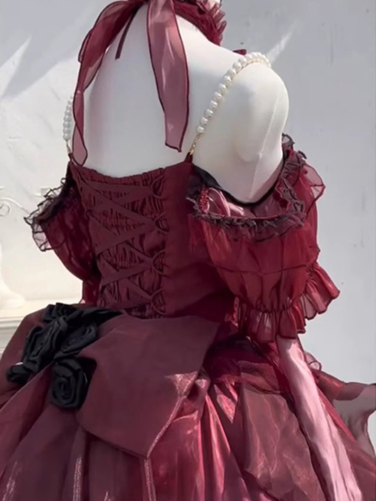 Halloween Back to school Gothic Lolita Dress Ribbon Lace Slip Dress Silk High Low Dress