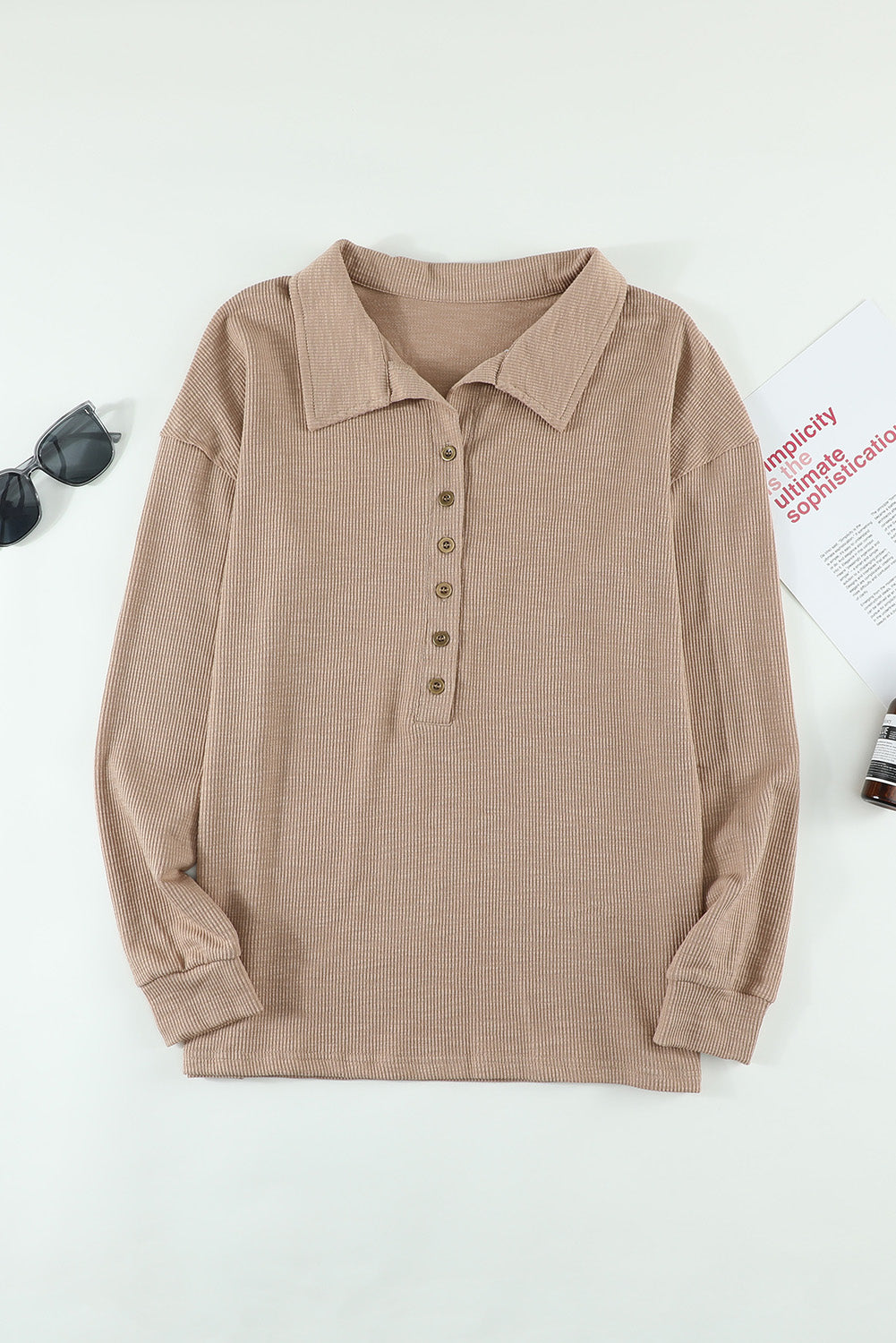 Khaki Button Front Turn-down Neck Knit Top-yoyobikini