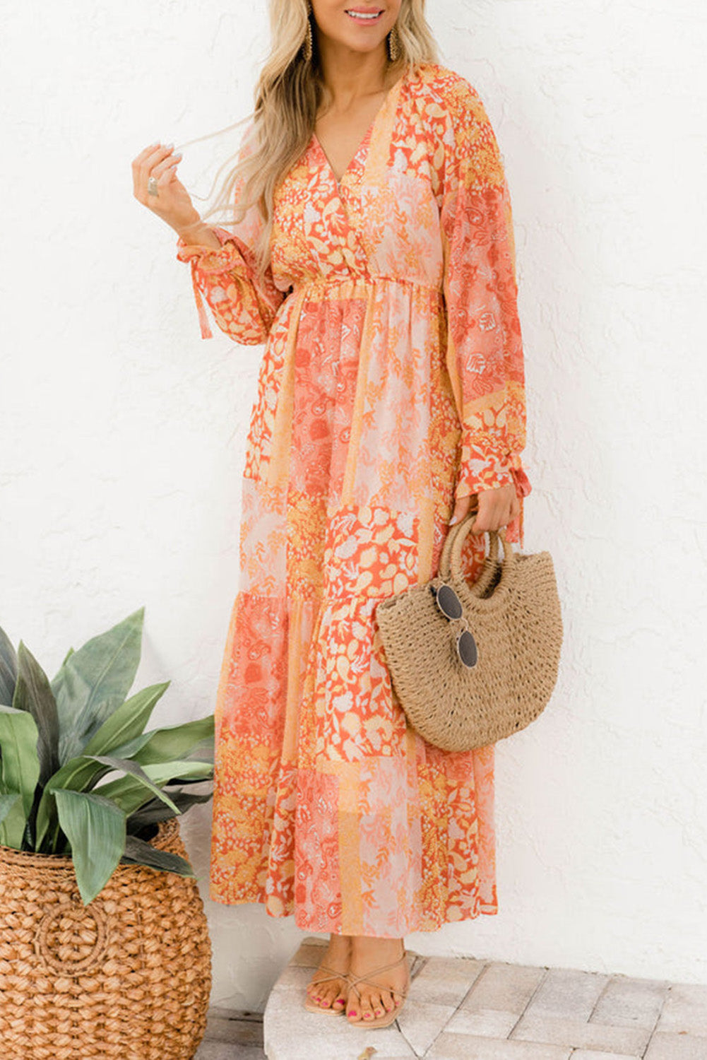 Orange Boho Floral Wrap V Neck Tie Long Sleeve Dress-yoyobikini
