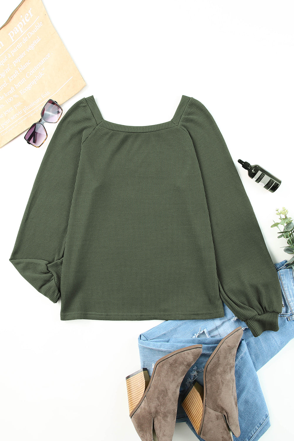Green Scoop Neck Puff Sleeve Waffle Knit Top-yoyobikini