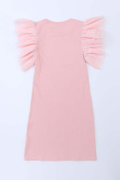 Pink Ruffle Tulle Sleeve Ribbed Knit Bodycon Dress-yoyobikini