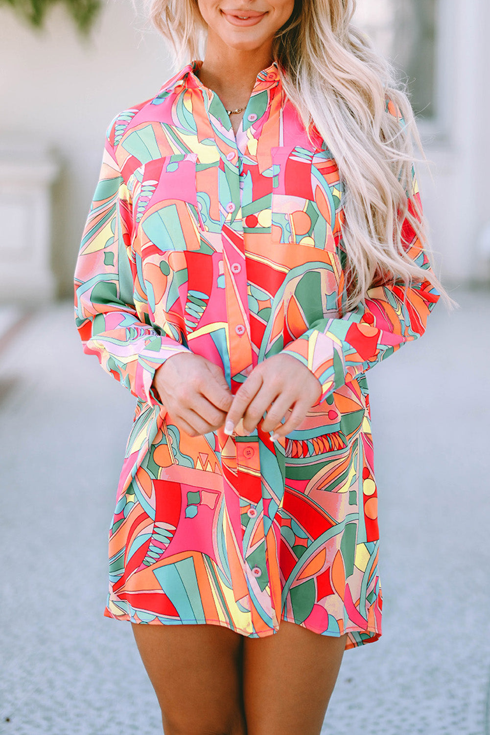 Multicolor Geometric Abstract Print Long Sleeve Shirt Dress-yoyobikini