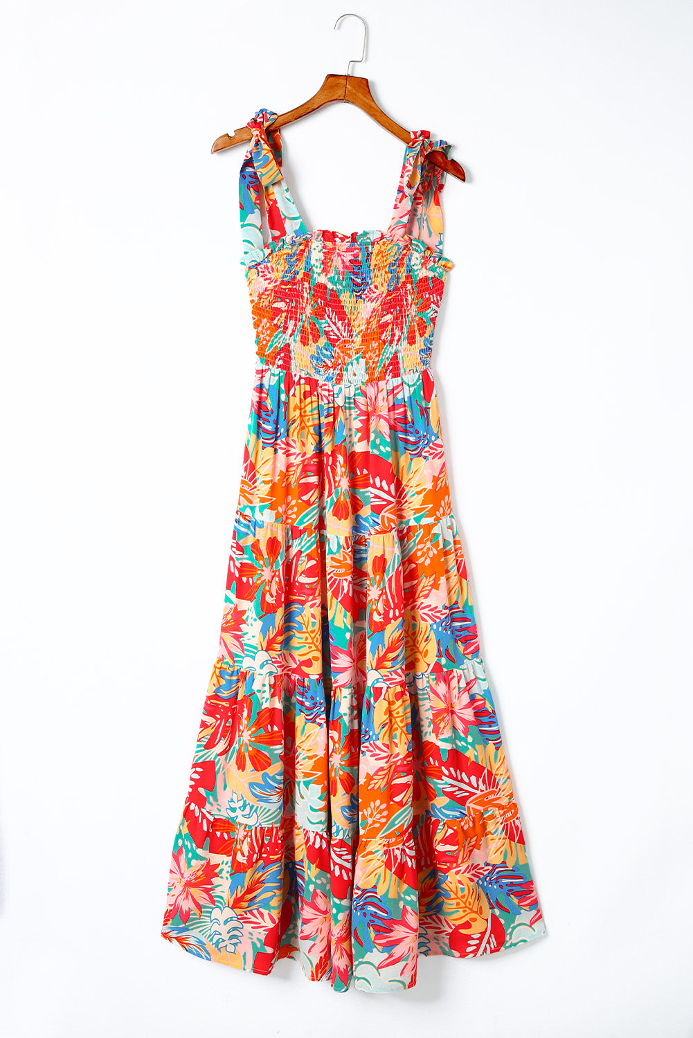 Multicolor Vibrant Tropical Print Smocked Ruffle Tiered Maxi Dress-yoyobikini