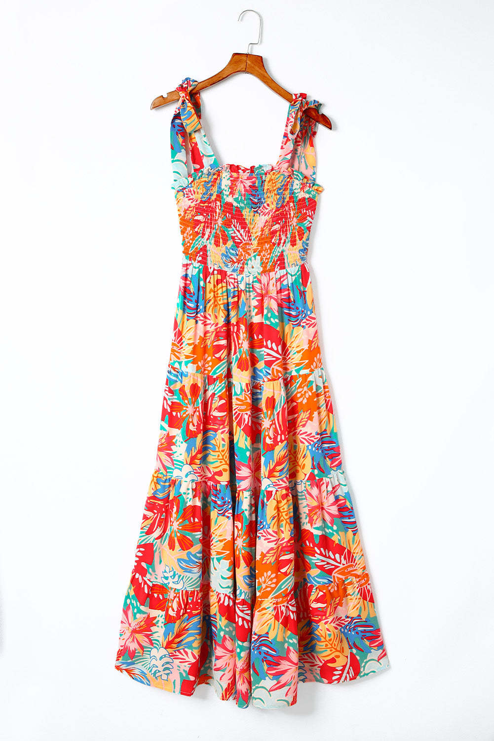 Multicolor Vibrant Tropical Print Smocked Ruffle Tiered Maxi Dress-yoyobikini