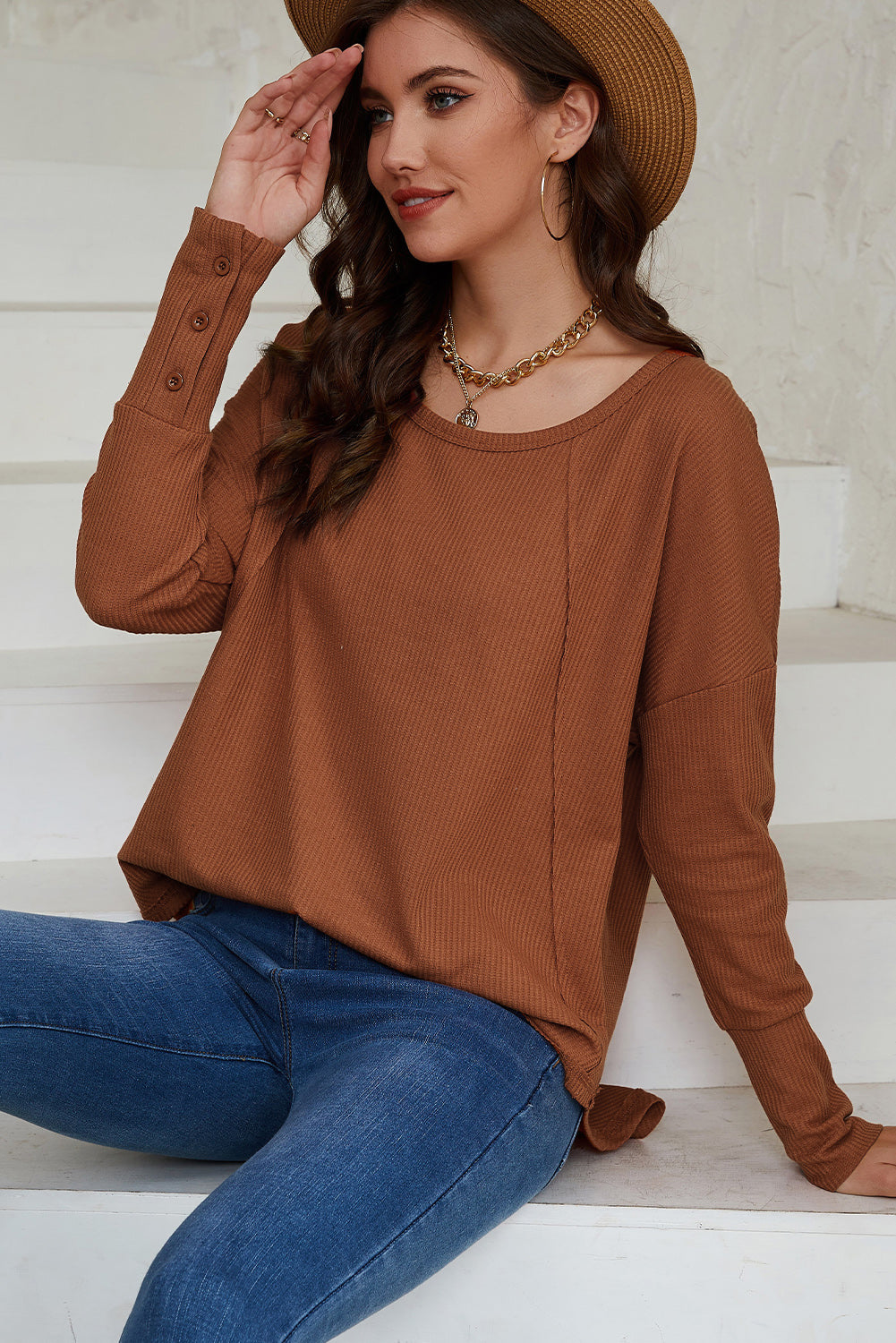 Brown Waffle Knit Splicing Buttons Long Sleeve Top-yoyobikini