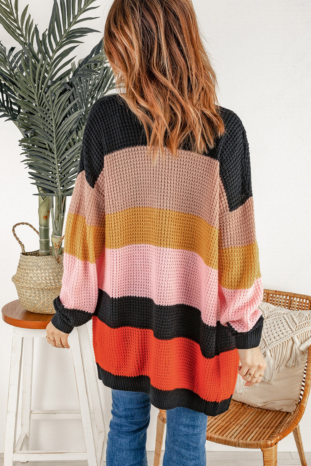 Multicolor Waffle Knit Color Block Open Front Cardigan-yoyobikini
