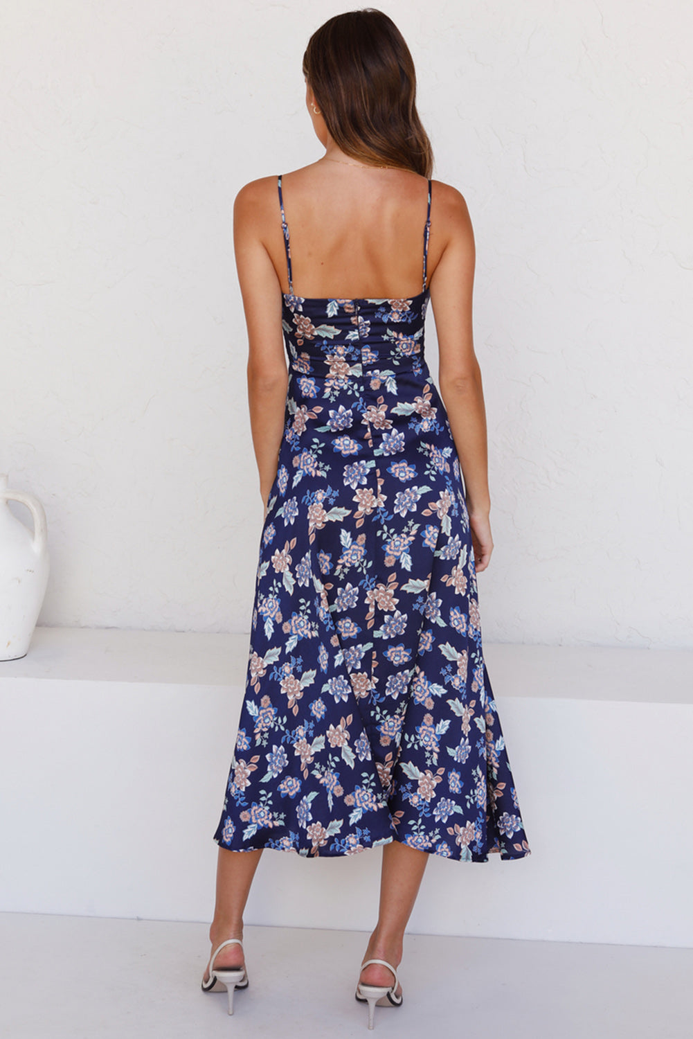 Blue Floral Print Bust Knot Long Dress with Slit-yoyobikini