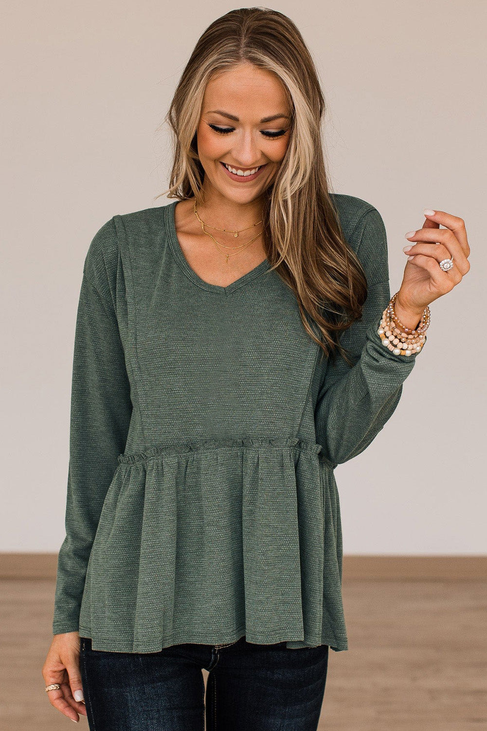 Green Outseam Detail Long Sleeve Peplum Top-yoyobikini