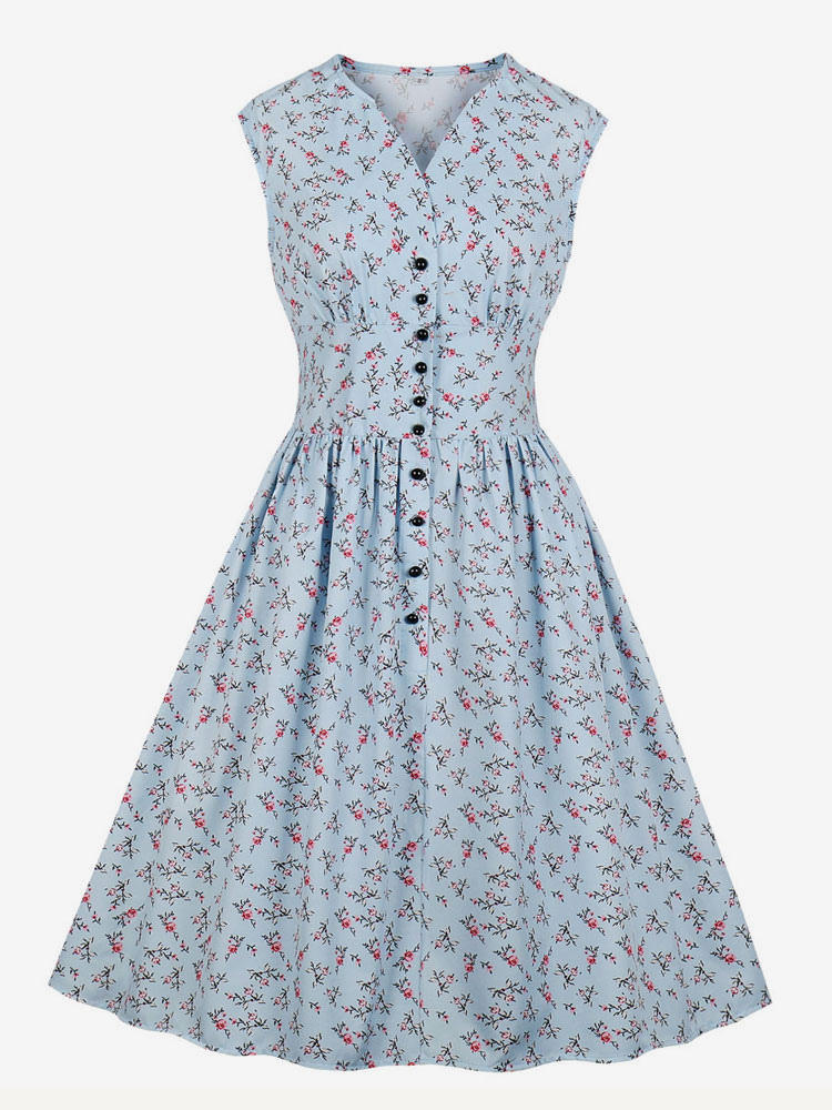 Floral Vintage Dress Sleeveless 1950s Fashion Retro Dress V Neck Swing Dress