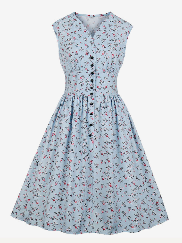 Floral Vintage Dress Sleeveless 1950s Fashion Retro Dress V Neck Swing Dress