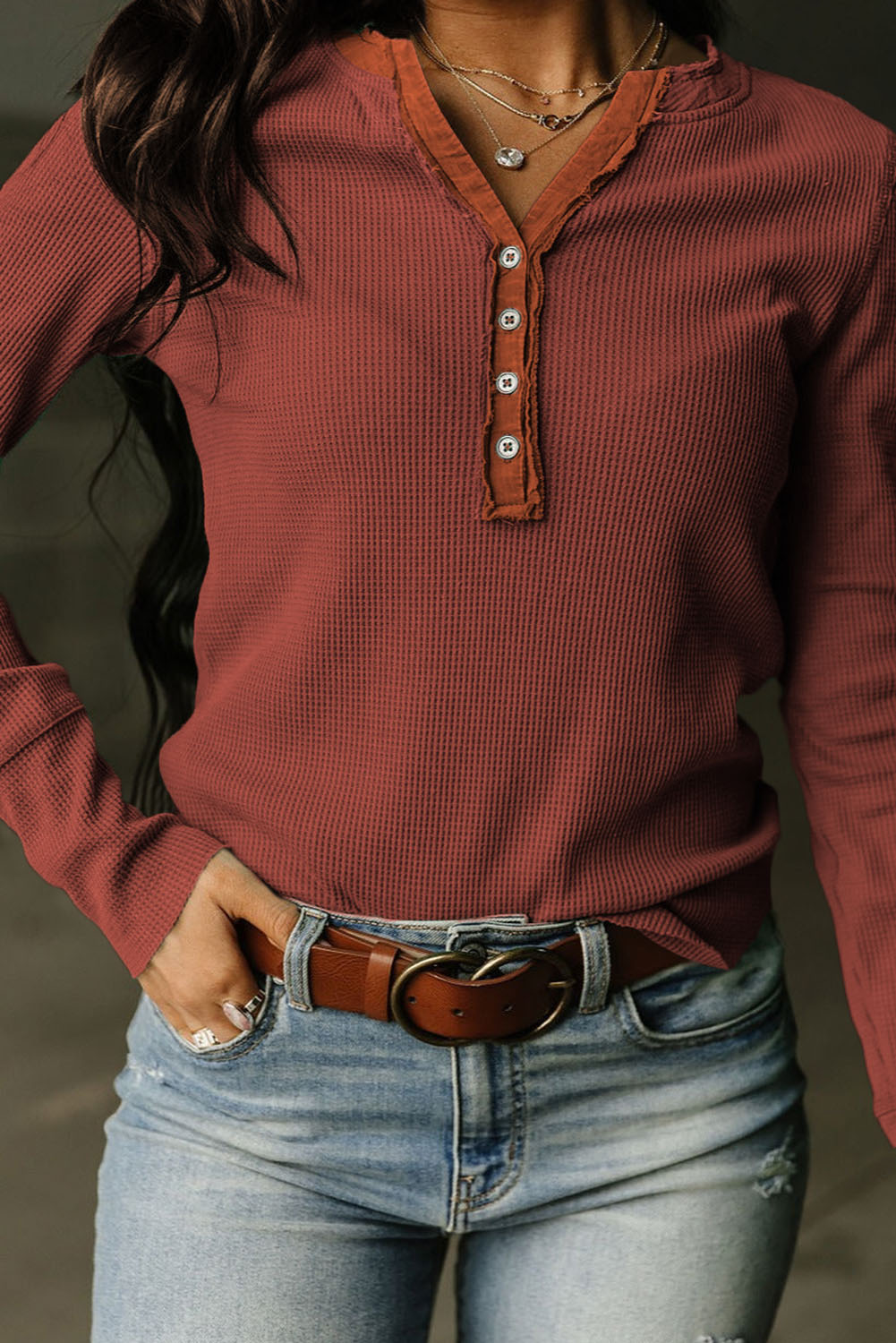 Brown Trimmed Neckline Waffle Knit Henley Top-yoyobikini