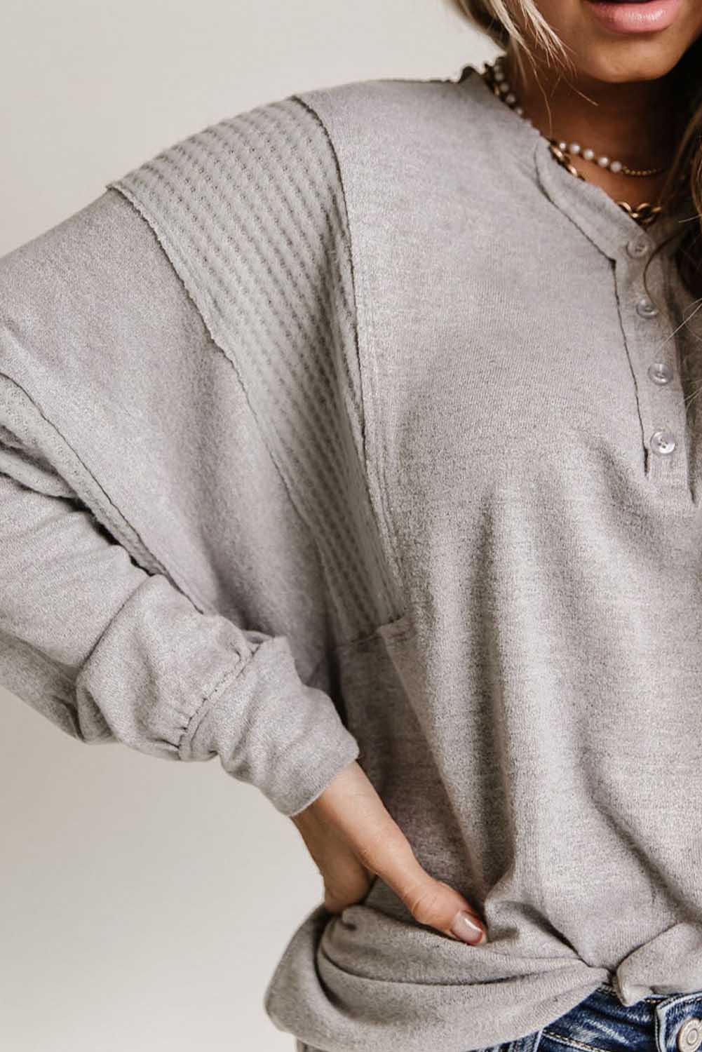 Gray Waffle Patchwork Dolman Sleeve Henley Top-yoyobikini