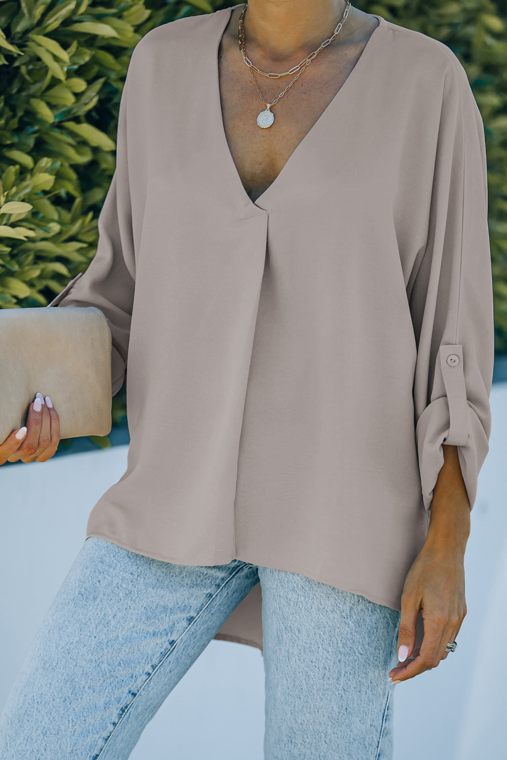 Apricot V Neck 3/4 Sleeve High Low Hem Shirt-yoyobikini