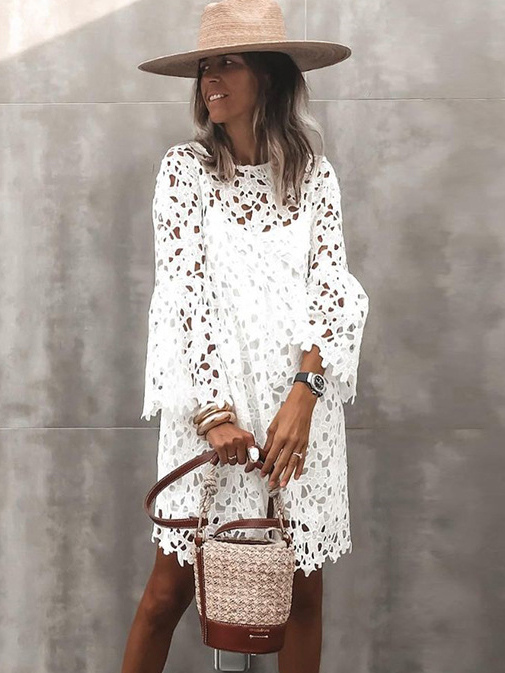 Lace Dresses White Jewel Neck 3/4 Length Sleeves Lace   Casual Midi Dresses