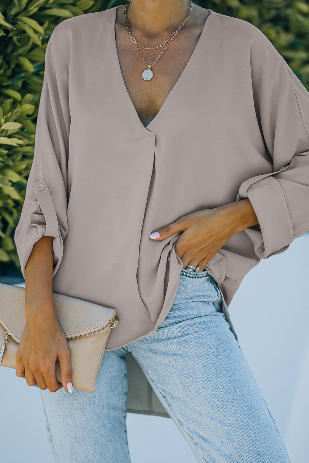 Apricot V Neck 3/4 Sleeve High Low Hem Shirt-yoyobikini