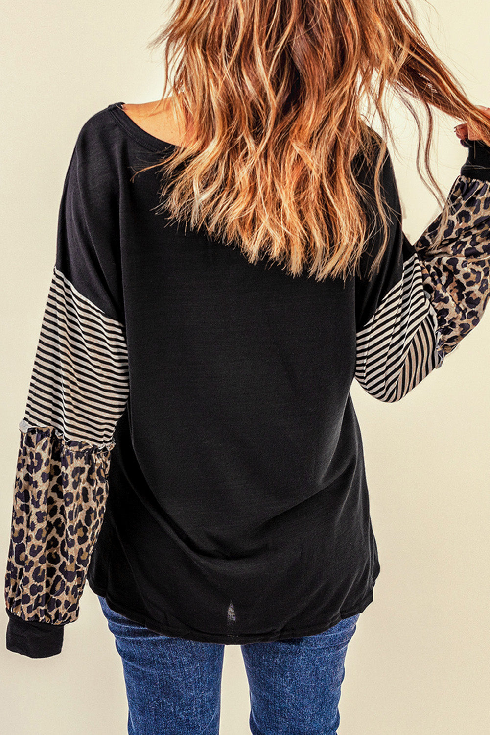Black Leopard Striped Print Sleeve Colorblock Top-yoyobikini